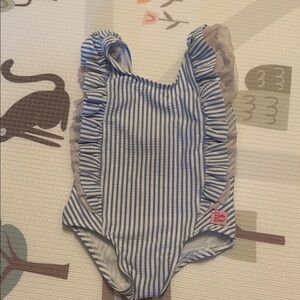 Ruffle Butts Striped Blue and White Swimsuit 6-12 months